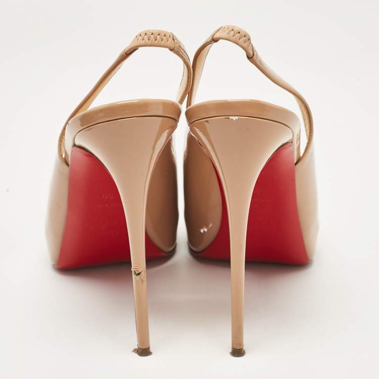 Pre Owned Christian Louboutin Beige Patent Leather Private Number Slingback Pumps Size 39