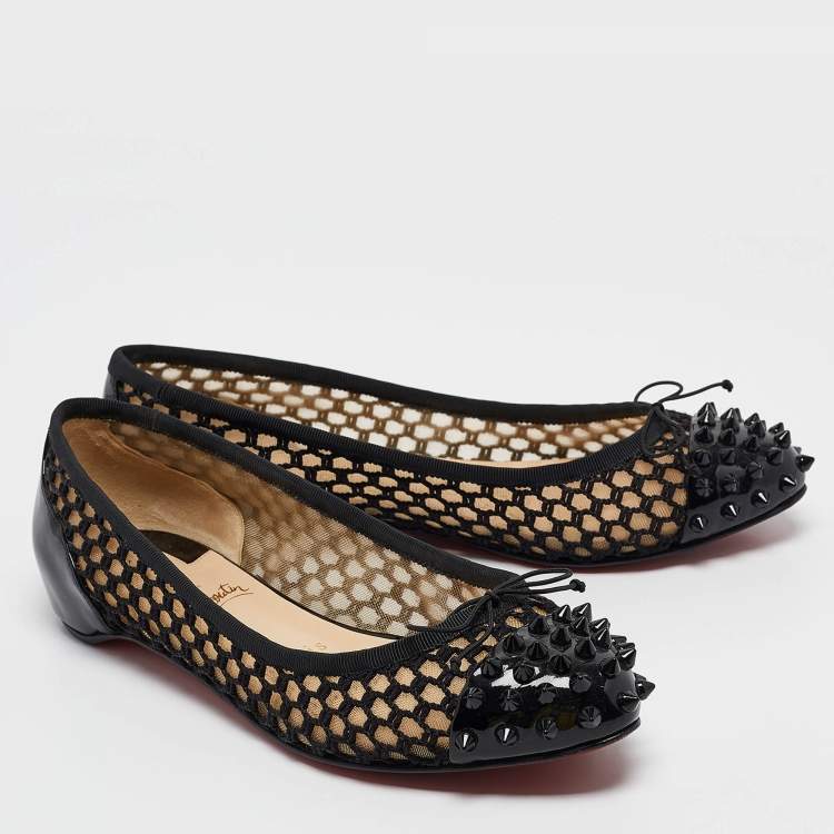 Pre Owned Christian Louboutin Black Mesh and Patent Cord Mix Ballet Flats Size 37.5