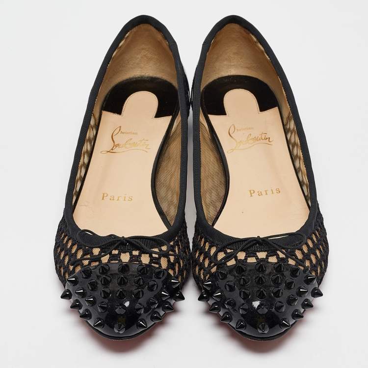 Pre Owned Christian Louboutin Black Mesh and Patent Cord Mix Ballet Flats Size 37.5