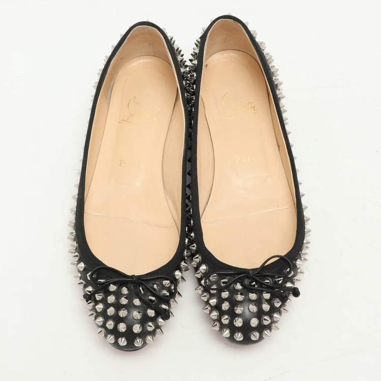 مملوكة مسبقًا Christian Louboutin Black Leather Sonietta Spikes Bow Ballet Flats 38.5