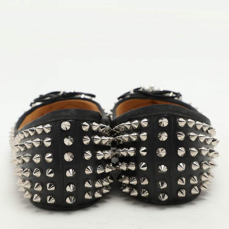 مملوكة مسبقًا Christian Louboutin Black Leather Sonietta Spikes Bow Ballet Flats 38.5