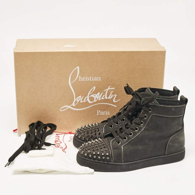 Pre Owned Christian Louboutin Black Glitter Lou Spikes High Top Sneakers Size 37