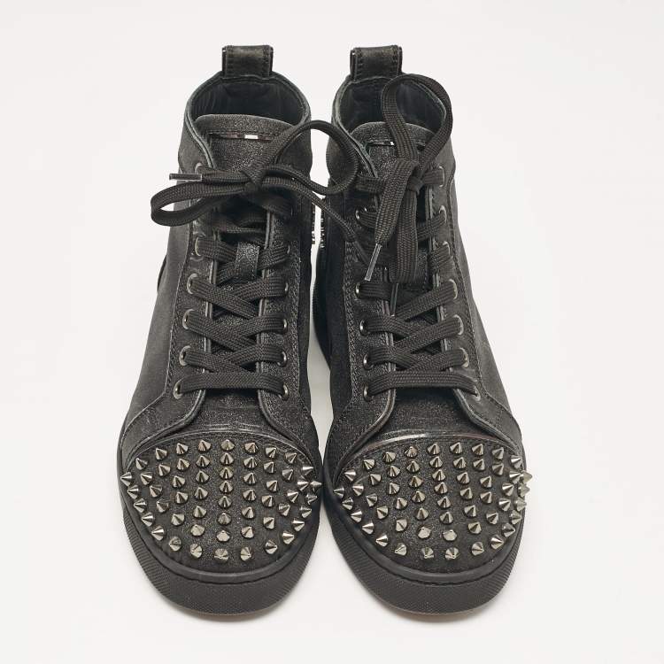 Pre Owned Christian Louboutin Black Glitter Lou Spikes High Top Sneakers Size 37