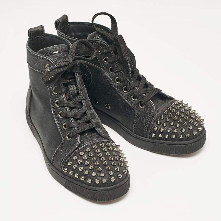 Pre Owned Christian Louboutin Black Glitter Lou Spikes High Top Sneakers Size 37