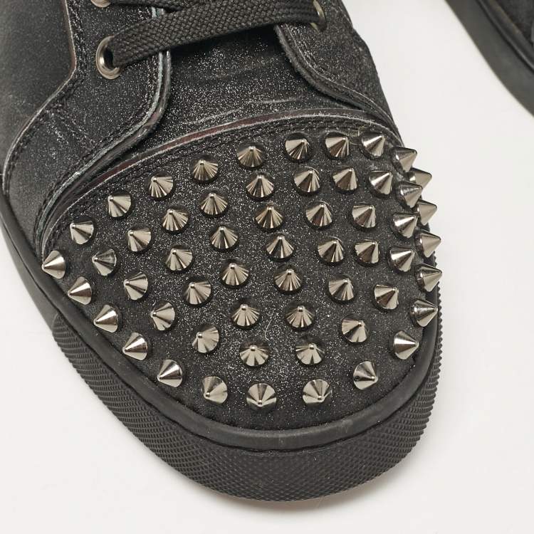 Pre Owned Christian Louboutin Black Glitter Lou Spikes High Top Sneakers Size 37