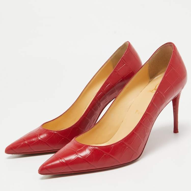 Pre Owned Christian Louboutin Red Croc Embossed Leather Pigalle Spikes Pumps Size 37.5