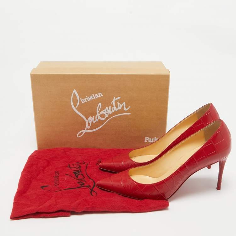 Pre Owned Christian Louboutin Red Croc Embossed Leather Pigalle Spikes Pumps Size 37.5