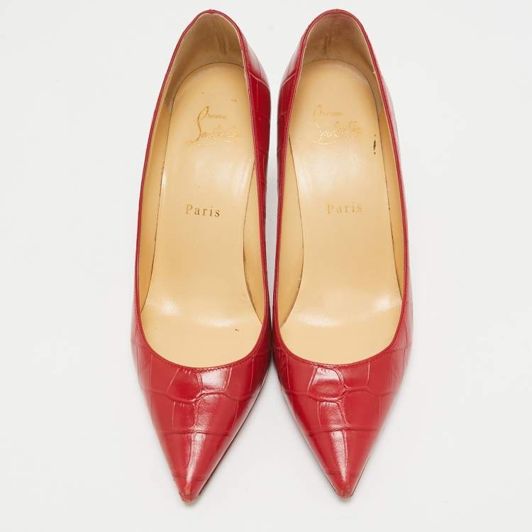 Pre Owned Christian Louboutin Red Croc Embossed Leather Pigalle Spikes Pumps Size 37.5