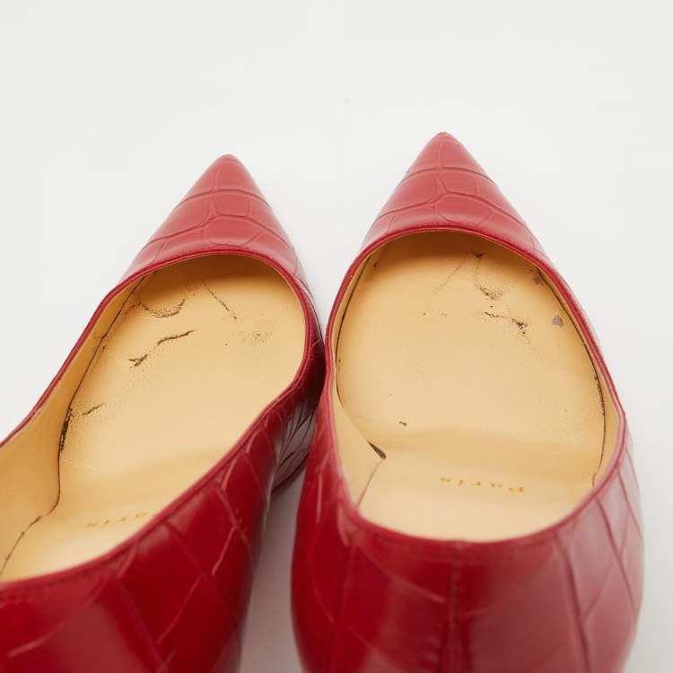 Pre Owned Christian Louboutin Red Croc Embossed Leather Pigalle Spikes Pumps Size 37.5