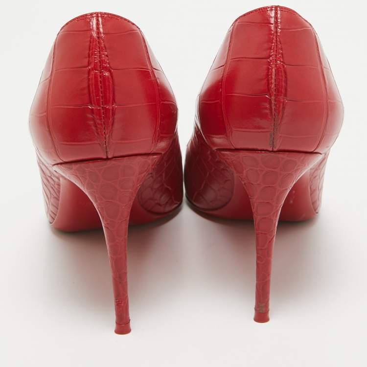 Pre Owned Christian Louboutin Red Croc Embossed Leather Pigalle Spikes Pumps Size 37.5