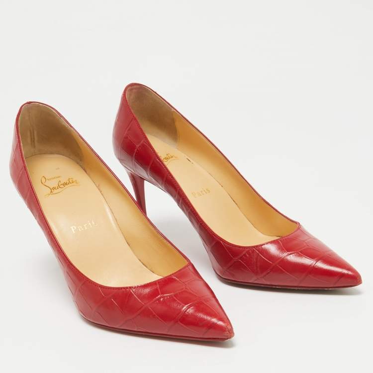 Pre Owned Christian Louboutin Red Croc Embossed Leather Pigalle Spikes Pumps Size 37.5