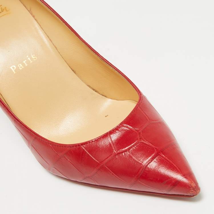 Pre Owned Christian Louboutin Red Croc Embossed Leather Pigalle Spikes Pumps Size 37.5