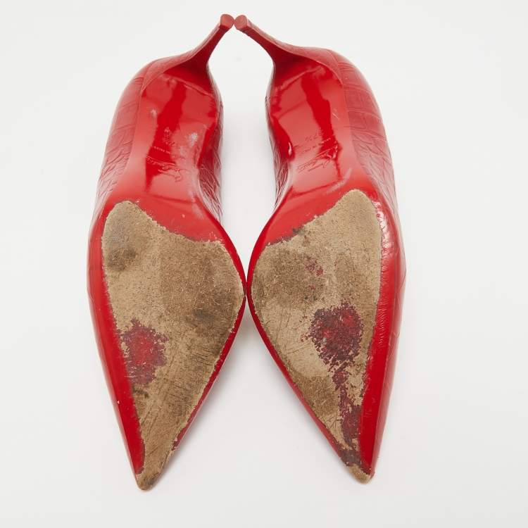 Pre Owned Christian Louboutin Red Croc Embossed Leather Pigalle Spikes Pumps Size 37.5