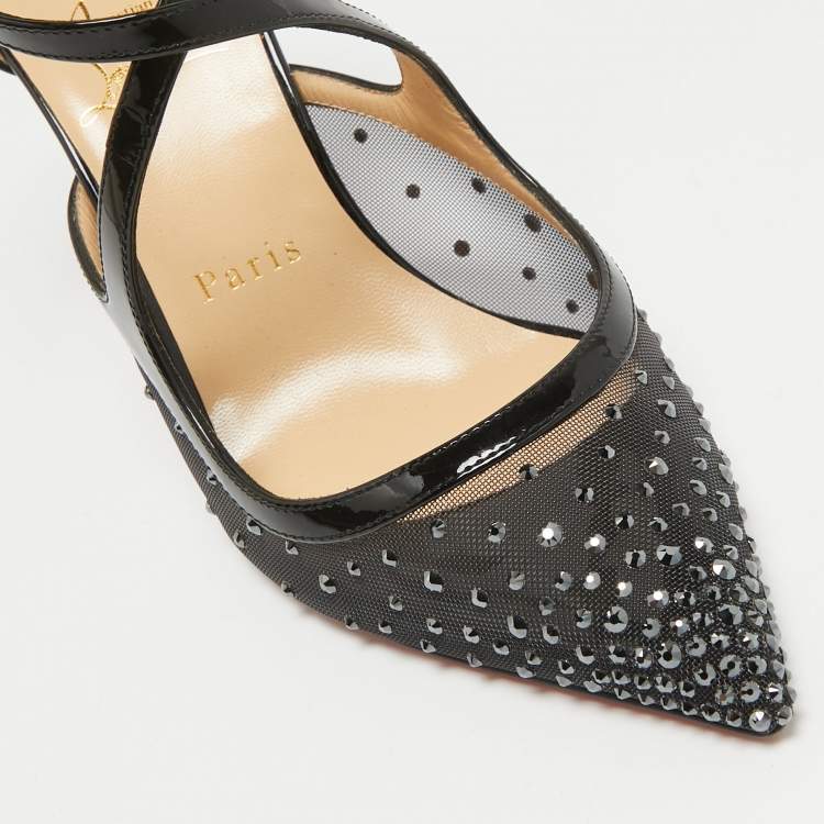 Pre Owned Christian Louboutin Black Patent and Mesh Strass Twistissima Pumps Size 38