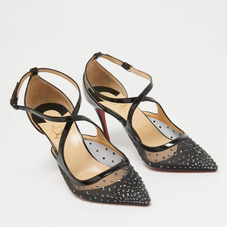 Pre Owned Christian Louboutin Black Patent and Mesh Strass Twistissima Pumps Size 38