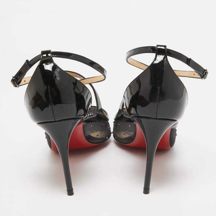 Pre Owned Christian Louboutin Black Patent and Mesh Strass Twistissima Pumps Size 38
