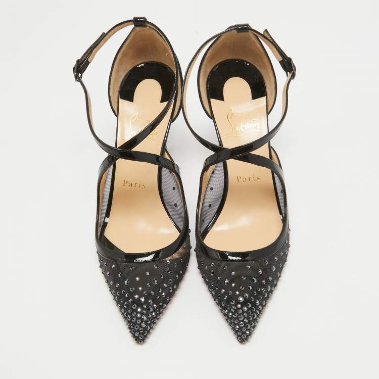 Pre Owned Christian Louboutin Black Patent and Mesh Strass Twistissima Pumps Size 38