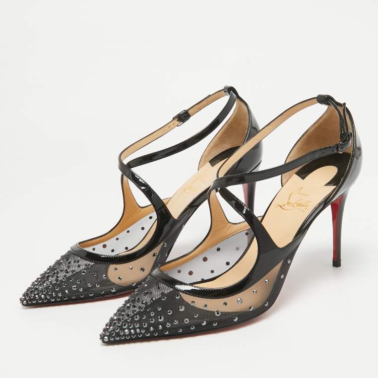 Pre Owned Christian Louboutin Black Patent and Mesh Strass Twistissima Pumps Size 38