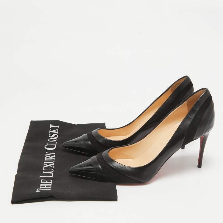 Pre Owned Christian Louboutin Black Patent and Leather Eklectica Pumps Size 38.5
