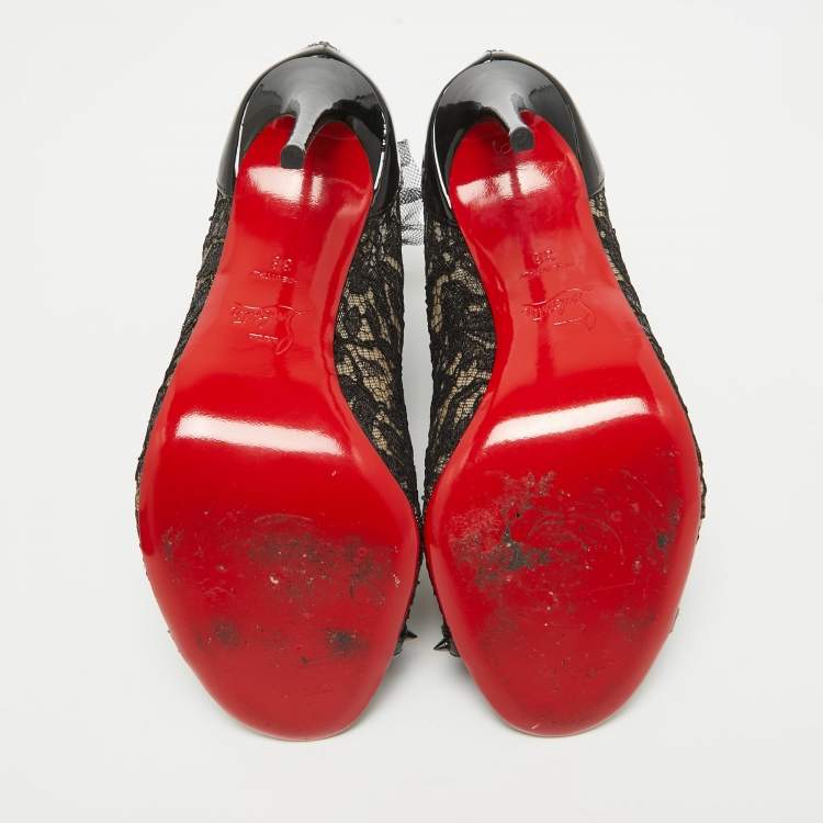 Pre Owned Christian Louboutin Black Lace and Patent Leather Juliettra Booties Size 38