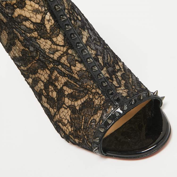 Pre Owned Christian Louboutin Black Lace and Patent Leather Juliettra Booties Size 38