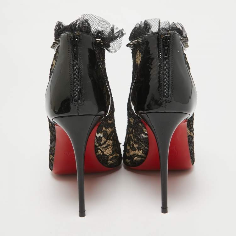 Pre Owned Christian Louboutin Black Lace and Patent Leather Juliettra Booties Size 38