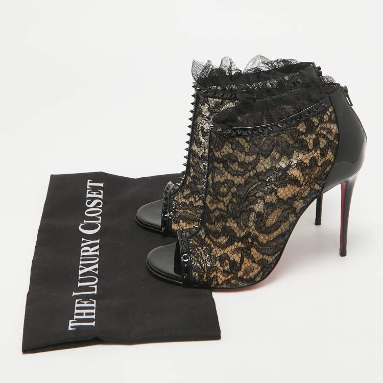 Pre Owned Christian Louboutin Black Lace and Patent Leather Juliettra Booties Size 38