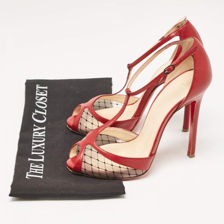 Pre Owned Christian Louboutin Red Leather and Mesh Peep Toe Sandals Size 38