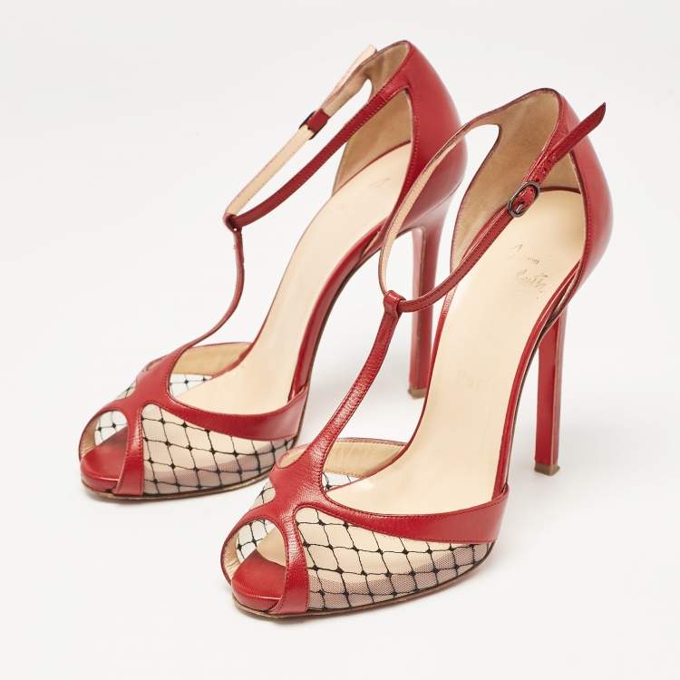 Pre Owned Christian Louboutin Red Leather and Mesh Peep Toe Sandals Size 38