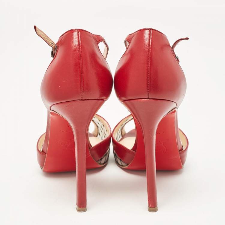 Pre Owned Christian Louboutin Red Leather and Mesh Peep Toe Sandals Size 38