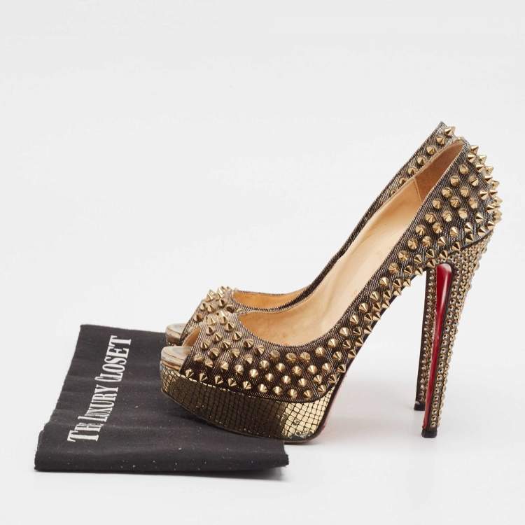 Pre Owned Christian Louboutin Metallic Gold Lurex Fabric Lady Peep Toe Spikes Platform Pumps Size 38.5