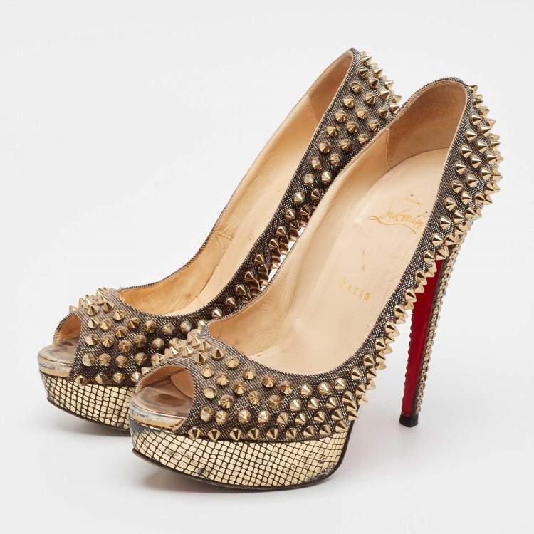 Pre Owned Christian Louboutin Metallic Gold Lurex Fabric Lady Peep Toe Spikes Platform Pumps Size 38.5
