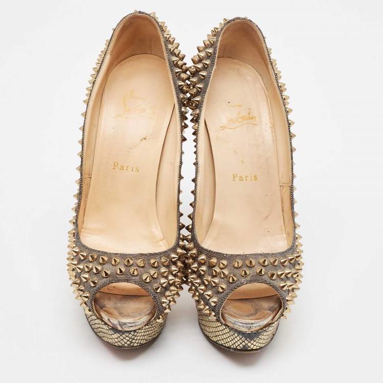 Pre Owned Christian Louboutin Metallic Gold Lurex Fabric Lady Peep Toe Spikes Platform Pumps Size 38.5