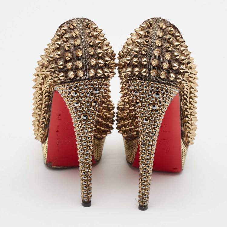 Pre Owned Christian Louboutin Metallic Gold Lurex Fabric Lady Peep Toe Spikes Platform Pumps Size 38.5