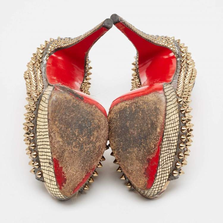 Pre Owned Christian Louboutin Metallic Gold Lurex Fabric Lady Peep Toe Spikes Platform Pumps Size 38.5