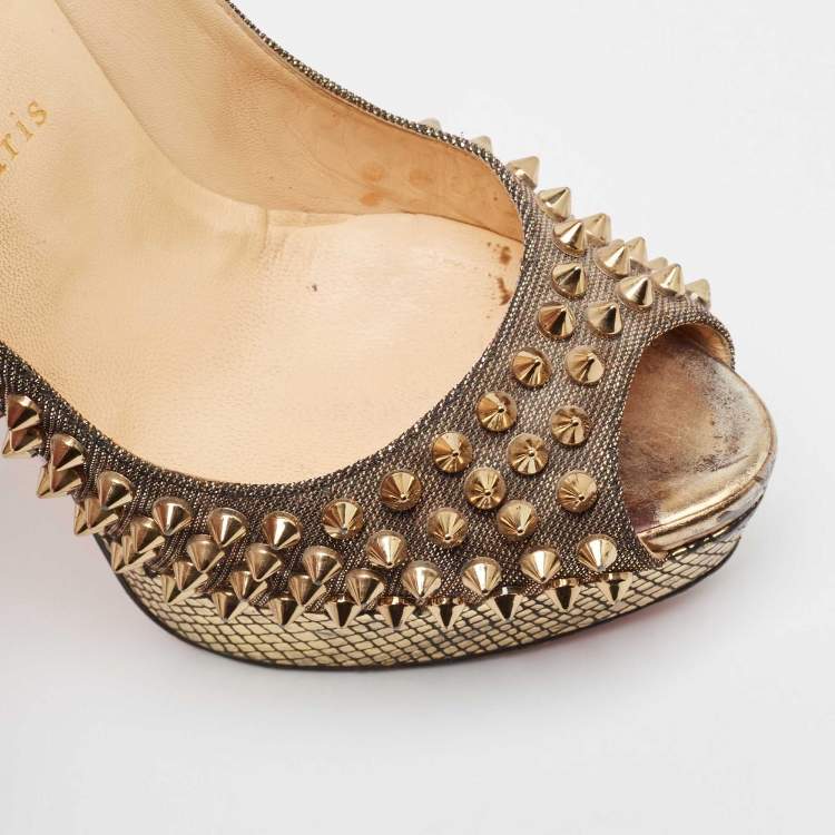 Pre Owned Christian Louboutin Metallic Gold Lurex Fabric Lady Peep Toe Spikes Platform Pumps Size 38.5