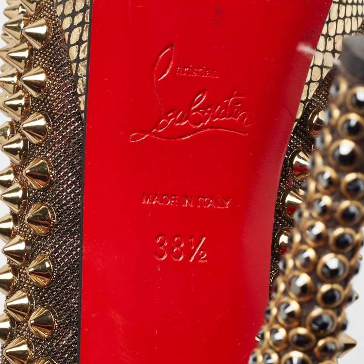 Pre Owned Christian Louboutin Metallic Gold Lurex Fabric Lady Peep Toe Spikes Platform Pumps Size 38.5