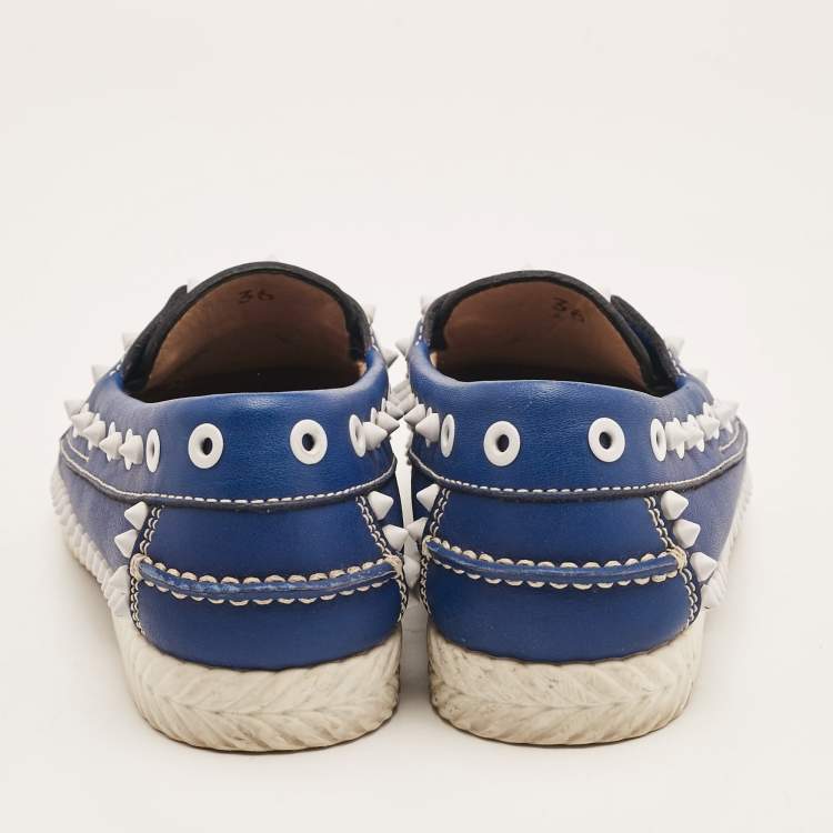 Pre Owned Christian Louboutin Blue Leather Yacht Spikes Loafers Size 36