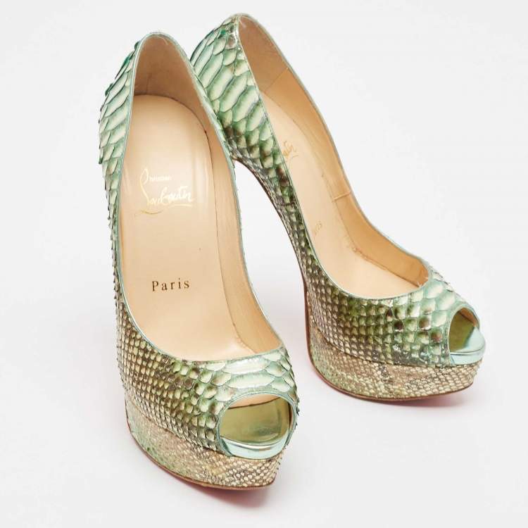 Pre Owned Christian Louboutin Two Tone Python Lady Peep Pumps Size 37