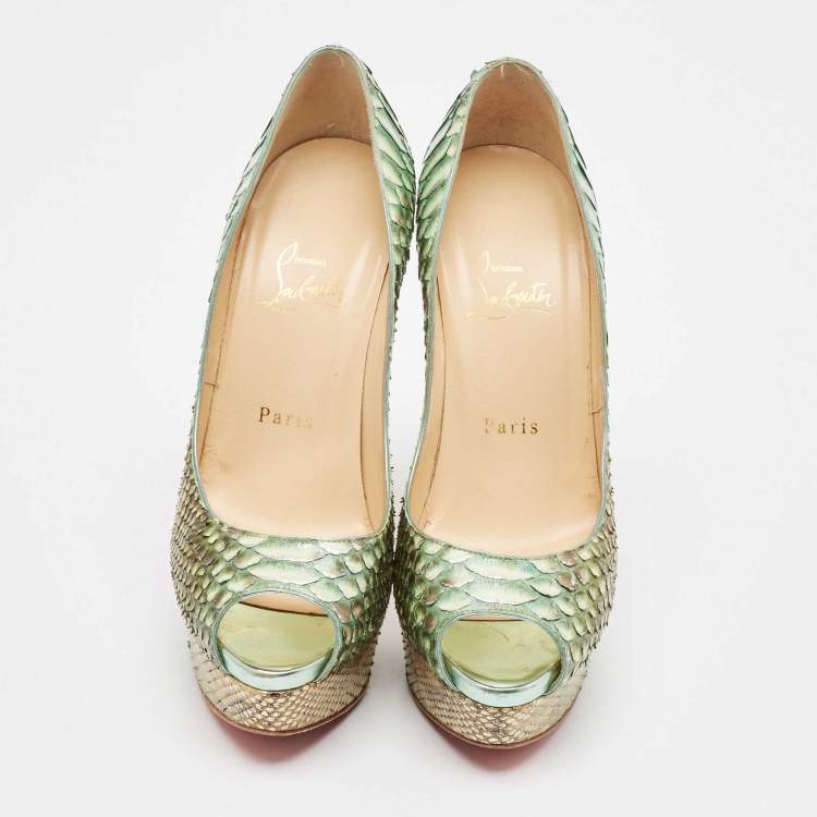 Pre Owned Christian Louboutin Two Tone Python Lady Peep Pumps Size 37