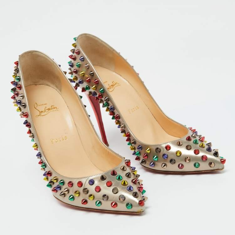 Pre Owned Christian Louboutin Metallic Beige Leather Pigalle Spikes Pointed Toe Pumps Size 39