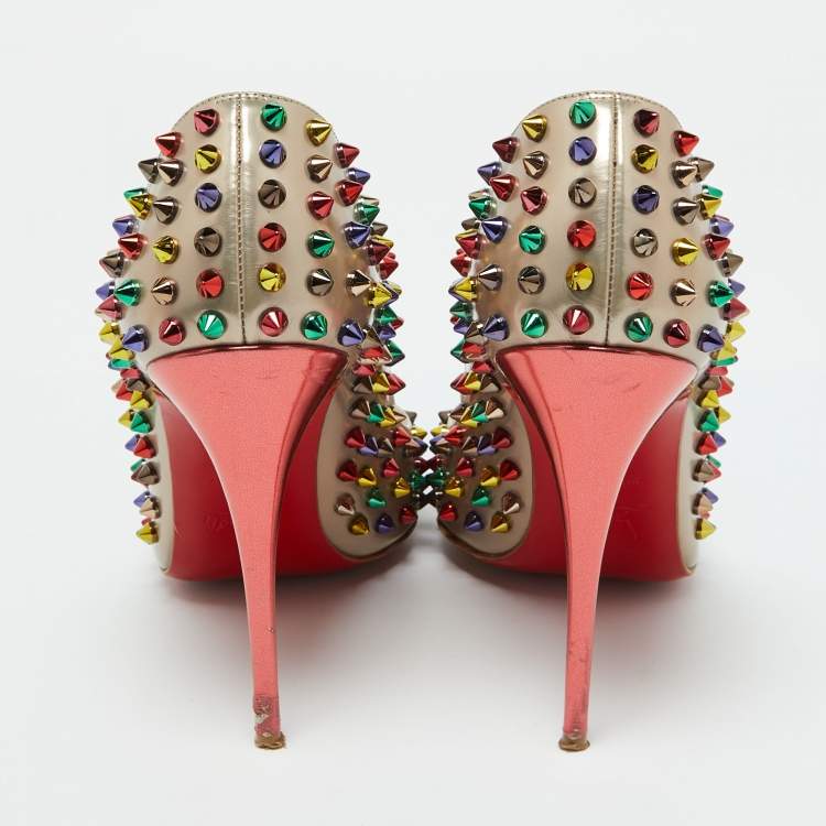 Pre Owned Christian Louboutin Metallic Beige Leather Pigalle Spikes Pointed Toe Pumps Size 39