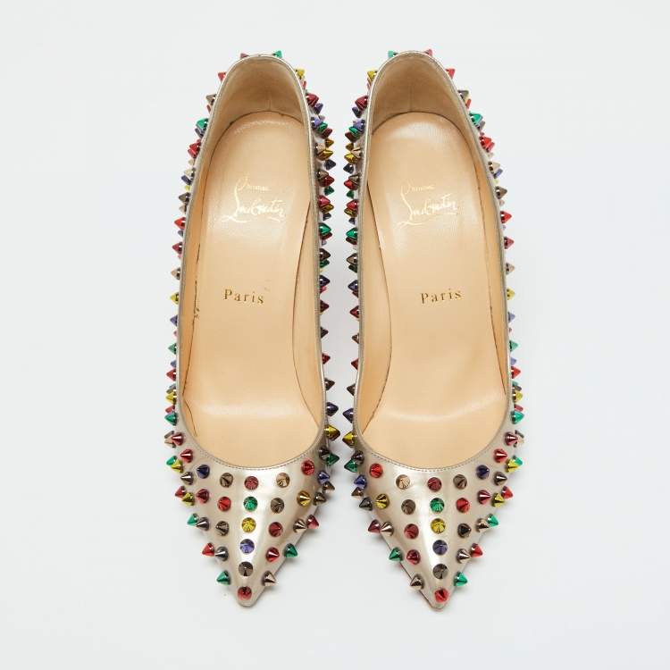 Pre Owned Christian Louboutin Metallic Beige Leather Pigalle Spikes Pointed Toe Pumps Size 39