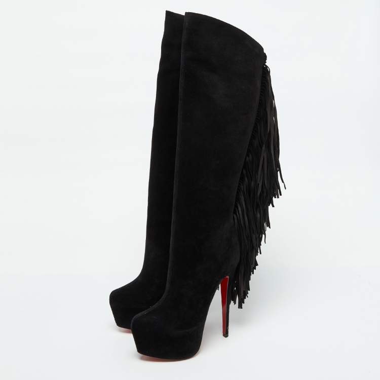 Pre Owned Christian Louboutin Black Suede Interlopa Fringe Detail Knee Length Platform Boots Size 36