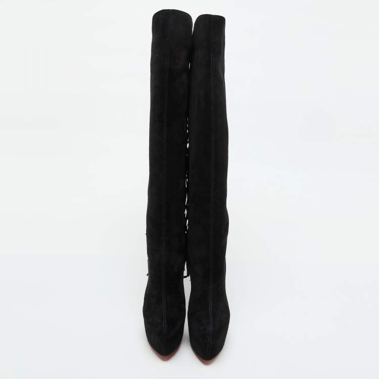 Pre Owned Christian Louboutin Black Suede Interlopa Fringe Detail Knee Length Platform Boots Size 36