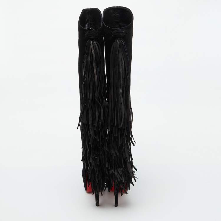 Pre Owned Christian Louboutin Black Suede Interlopa Fringe Detail Knee Length Platform Boots Size 36