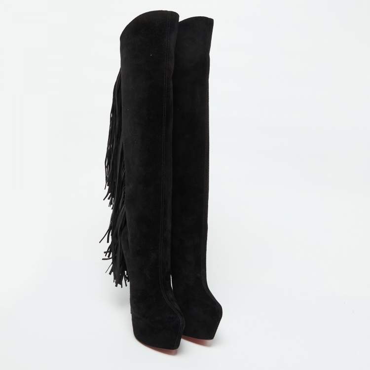 Pre Owned Christian Louboutin Black Suede Interlopa Fringe Detail Knee Length Platform Boots Size 36