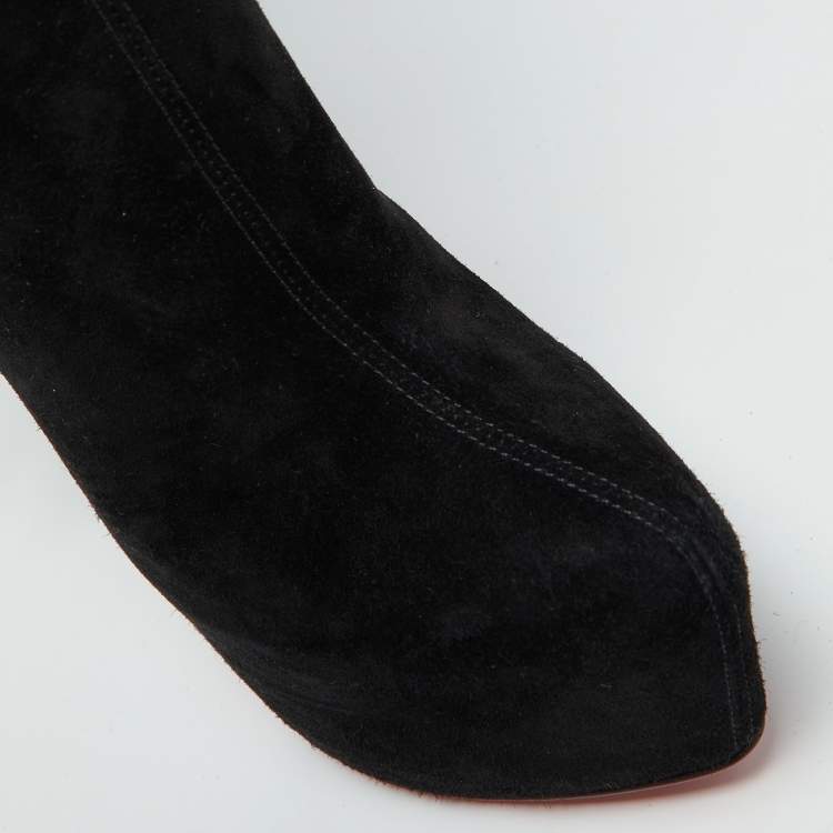 Pre Owned Christian Louboutin Black Suede Interlopa Fringe Detail Knee Length Platform Boots Size 36