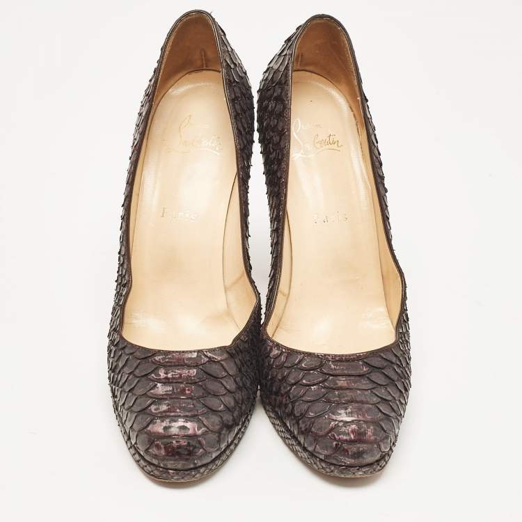 Pre Owned Christian Louboutin Brown Python Leather New Simple Platform Pumps Size 40.5