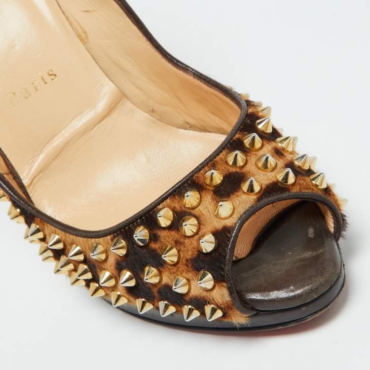 Pre Owned Christian Louboutin Leopard Print Calf Hair Yolanda Spikes Peep Toe Pumps Size 39